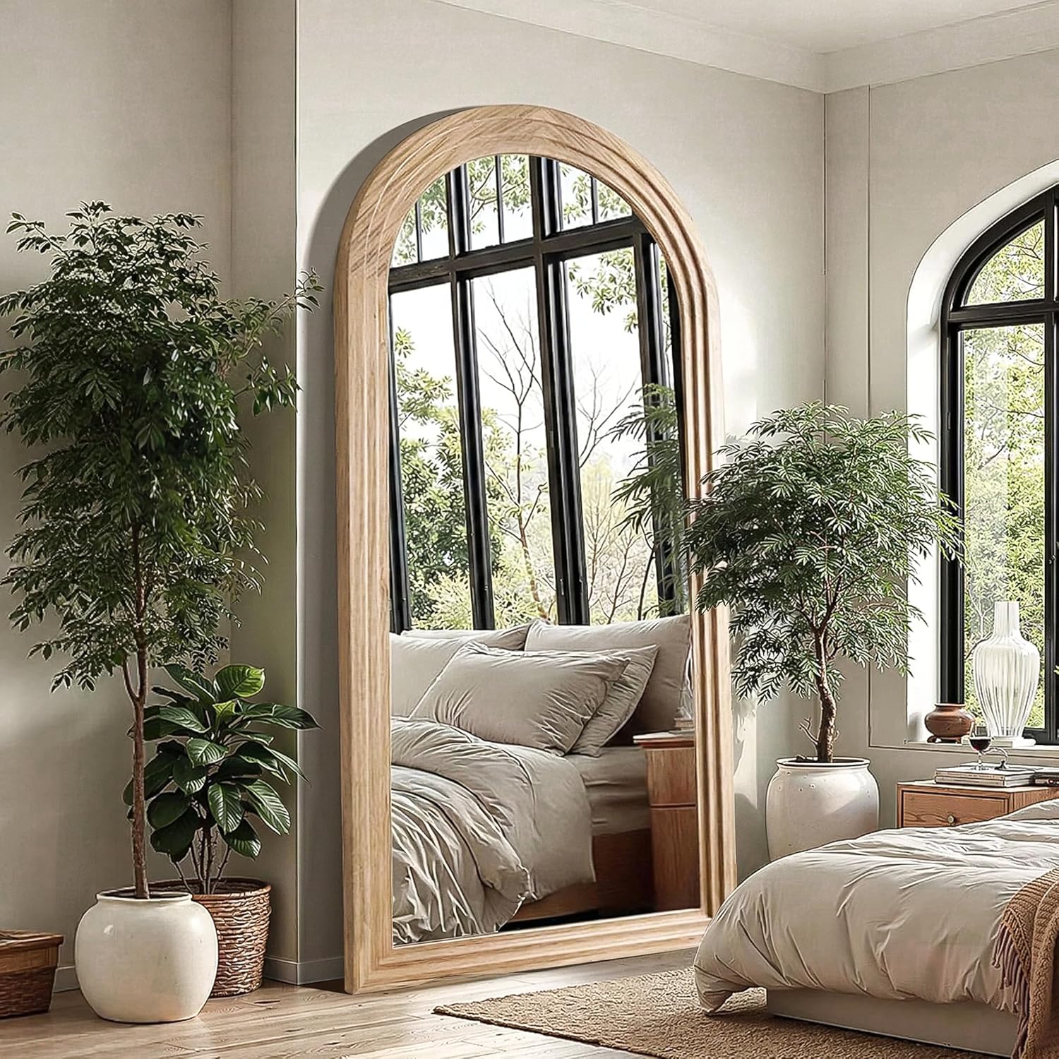 Delma Arched Full Length Floor Mirror with Stand, 75x35 Rustic Farmhouse Solid Wood Frame Wall Mirror for Bedroom, Living Room, Vertical Hanging & Standing(Natural)