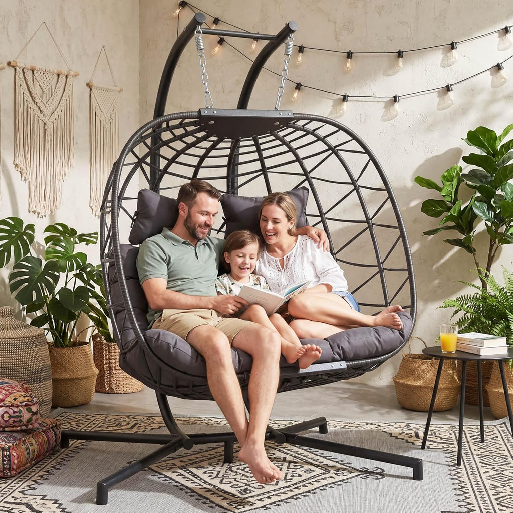 RADIATA Double Swing Chair, 2 Person Swing Chair, Double Egg Chair Outdoor with Stand, Egg Chair Outdoor 2 Person with Cushion & Pillow, Rattan Hanging Wicker Seat for Patio Garden (Grey Oversized)