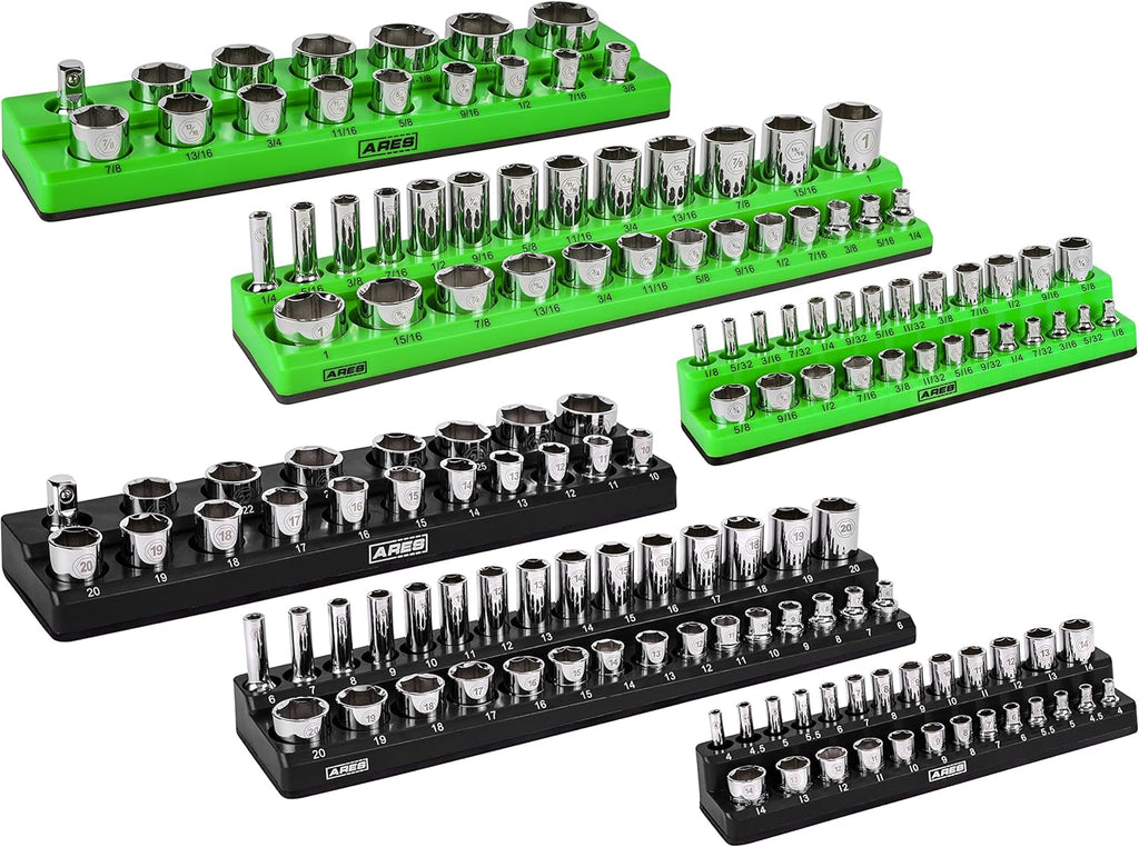ARES 60160-6-Piece Magnetic Socket Organizers - Metric and SAE Set Black and Green -1/4 in, 3/8 in, 1/2 in Socket Holders -143 Pieces of Standard (Shallow) and Deep Sockets -Organize Your Tool Box