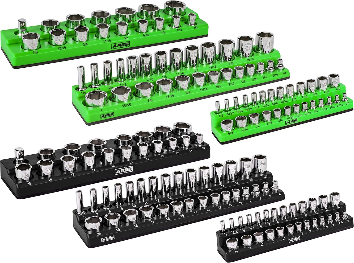 ARES 60160-6-Piece Magnetic Socket Organizers - Metric and SAE Set Black and Green -1/4 in, 3/8 in, 1/2 in Socket Holders -143 Pieces of Standard (Shallow) and Deep Sockets -Organize Your Tool Box