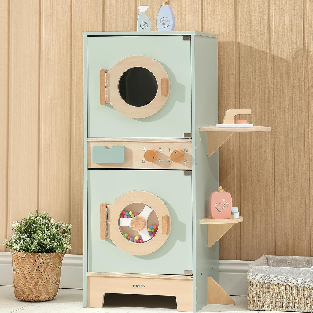 Pillowhale Wooden Washer-Dryer Playset for Kids – 2-in-1 Laundry Center Toy, Dual-Opening Doors, Spinning Drum & Click-Knobs, Basket + Iron Accessories – Montessori Pretend Play Gift Ages 3-6