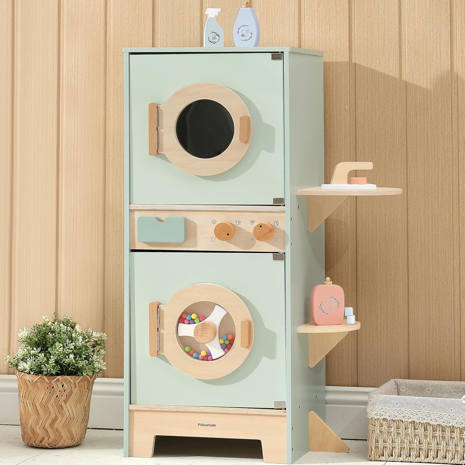 Pillowhale Wooden Washer-Dryer Playset for Kids – 2-in-1 Laundry Center Toy, Dual-Opening Doors, Spinning Drum & Click-Knobs, Basket + Iron Accessories – Montessori Pretend Play Gift Ages 3-6