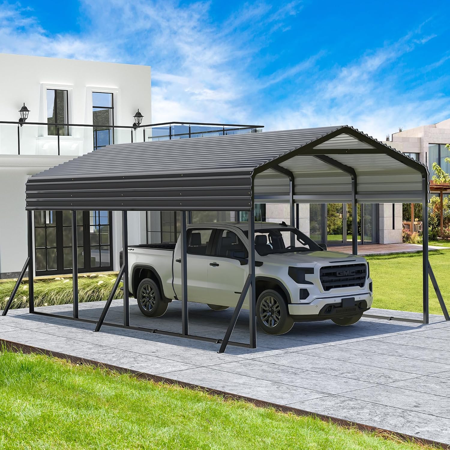 AirWire Carport Canopy 12'X20' Heavy Duty Car Port Galvanized Steel Roof, Reinforced Stable Triangle Frame for Snowy Windy Metal Carports Enhanced Base Car Tent for Car,RV,Pickup,Boat,Truck,Tractor