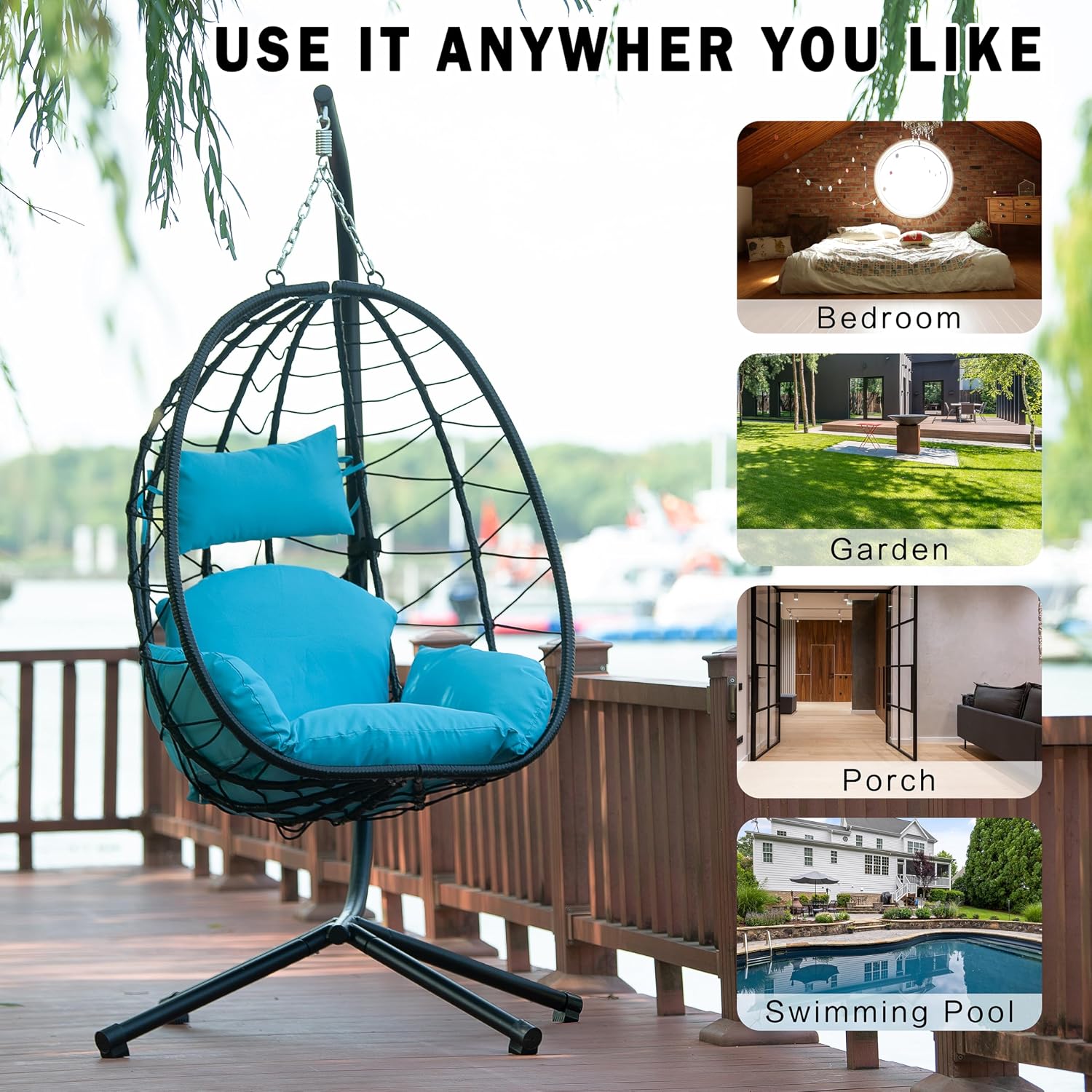 Egg Chair with Stand Indoor Outdoor Swing Chair Patio Wicker Hanging Egg Chair Hanging Basket Chair Hammock Chair with Stand for Bedroom Living Room Balcony