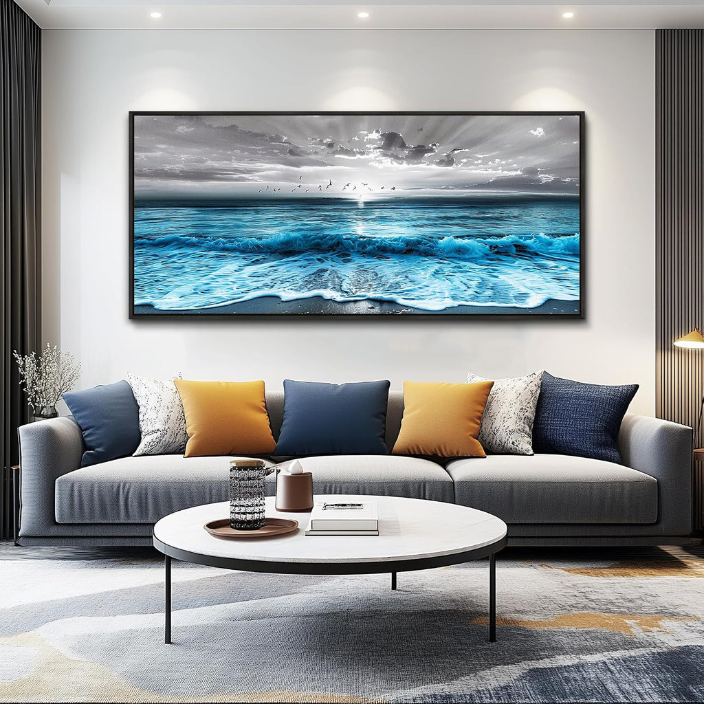 ERQINHUA Large Canvas Black Frame Wall Decor For Living Room Blue Sea Wave Ocean Painting Wall Art For Bedroom Office Dining room Decorations Beach Artworks Wall Pictures Modern Home Decor 32x72 In