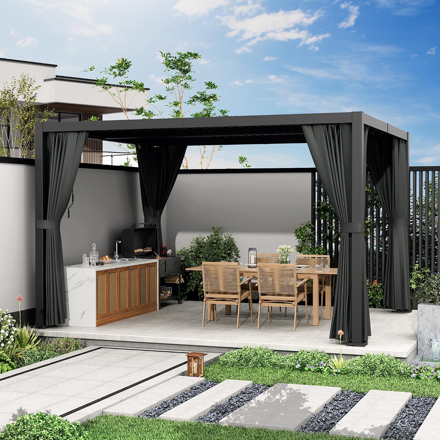 Outdoor Louvered Pergola 10'×12', Aluminum Louvered Pergola, Aluminum Outdoor Deck Gazebo with Adjustable Roof & Curtains, for Garden, Patio, Backyard, lawns, Beach (Black, 10' × 12' with Curtain)