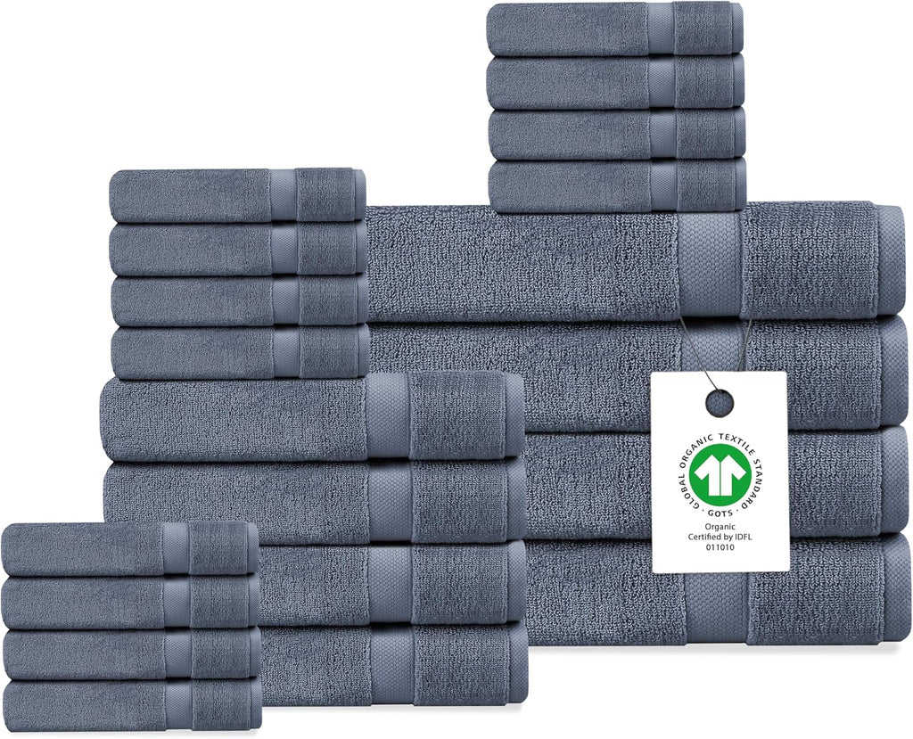 Organic Cotton Luxuriously Plush Towel 20 Piece Set |GOTS & Oeko-TEX Certified|Premium Hotel Quality Towels|Feather Touch Technology|650 GSM Long Staple|Soft, Quick Dry & Ultra-Absorbent