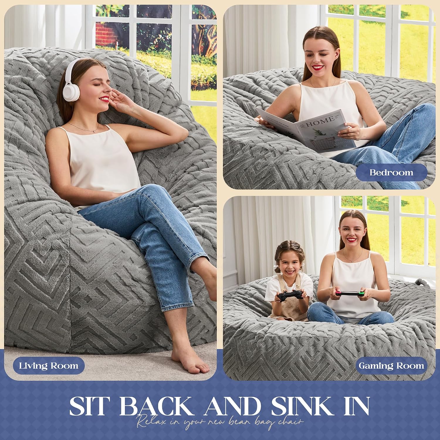 Hobestluk Bean Bag Chairs Adults Beanbag Chair with Filler Large Bean Bags with Fluffy Embossed Cover, Giant Bean Bag Chairs for Adults (Grey, 5FT - 50' x 50' x 24')
