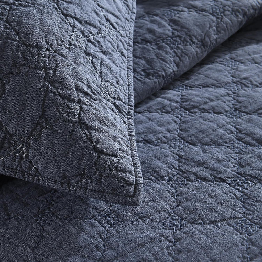 HORIMOTE HOME 55% Linen Front/100% Cotton Back Quilt Set King Size, Steel Blue Pre-Washed Cotton Linen Quilt Set, Geometric Stitched Pattern Bedspread Coverlet Bedding Set 3-Piece for All Seasons