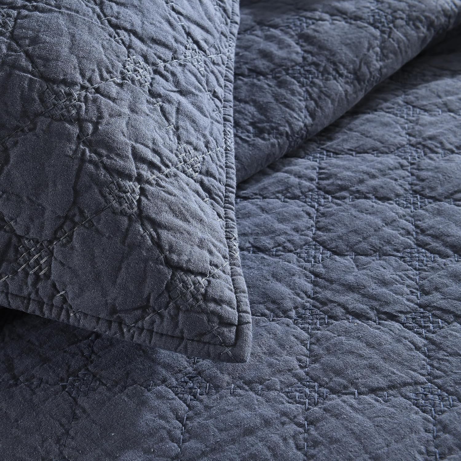 HORIMOTE HOME 55% Linen Front/100% Cotton Back Quilt Set King Size, Steel Blue Pre-Washed Cotton Linen Quilt Set, Geometric Stitched Pattern Bedspread Coverlet Bedding Set 3-Piece for All Seasons