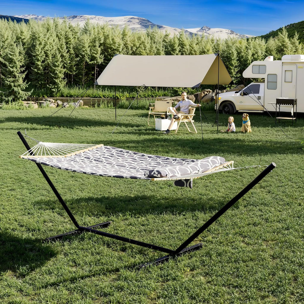 GarveeHome 2 Person Outdoor Hammock with Stand, Portable Hammock, Heavy Duty Hammock with Soft Pillow, Balance Ropes, for Patio, Backyard, Garden, Beach, Stripe