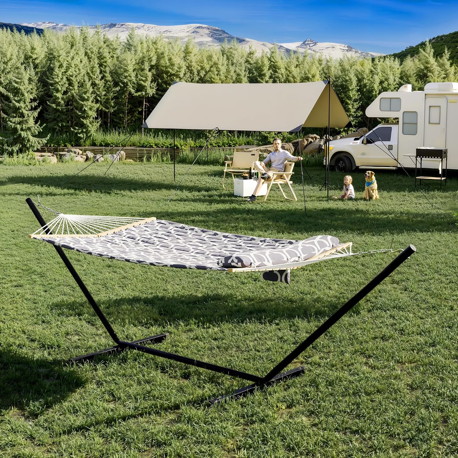 GarveeHome 2 Person Outdoor Hammock with Stand, Portable Hammock, Heavy Duty Hammock with Soft Pillow, Balance Ropes, for Patio, Backyard, Garden, Beach, Stripe