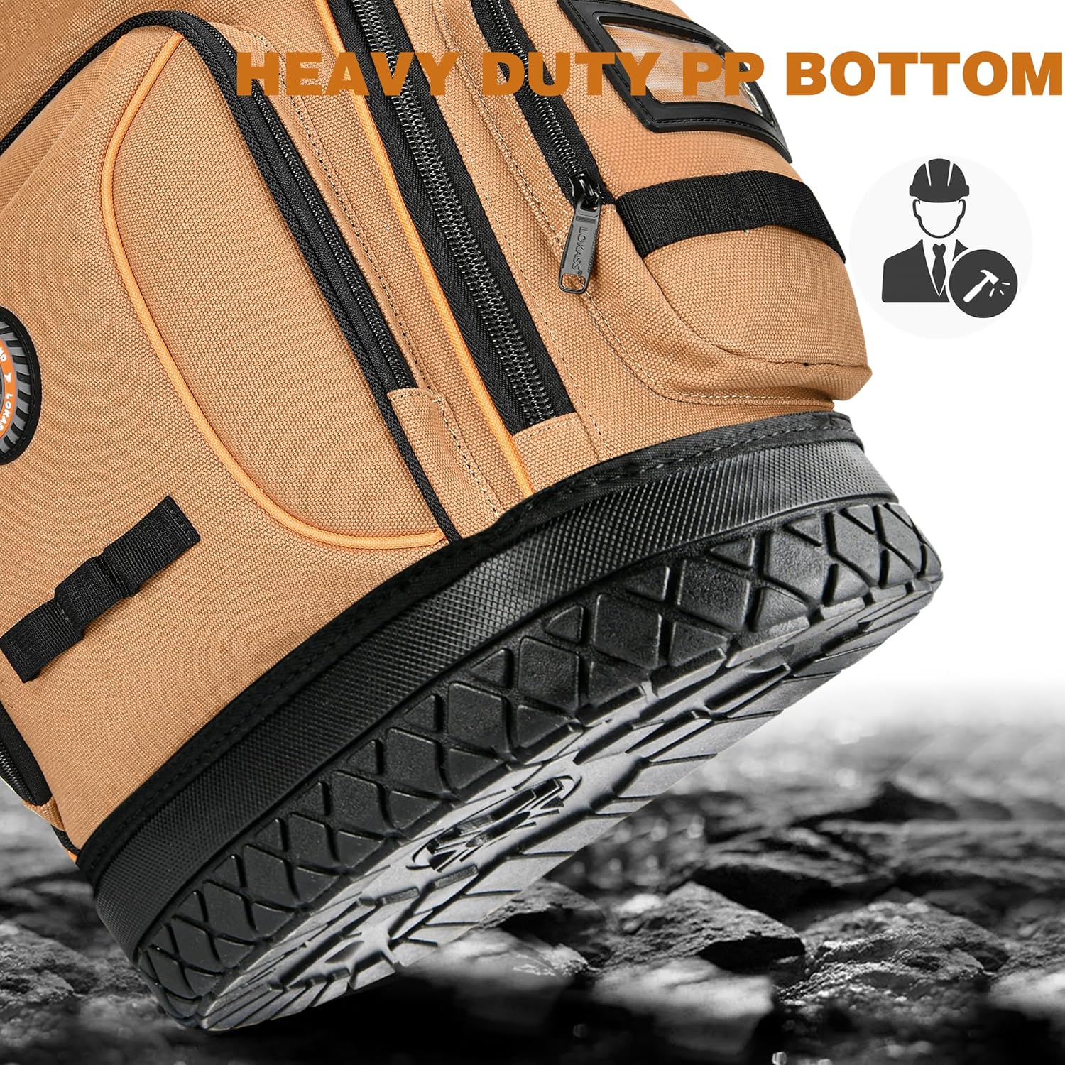 Tool Bag Backpack with 2 Canvas Tool Pouch Tool Kit, 75 Pockets & Loops Heavy Duty Tools Organizer/HVAC Tool Carrier for Eelectrician/Construction Work with Molded Base and Combination Lock, Brown
