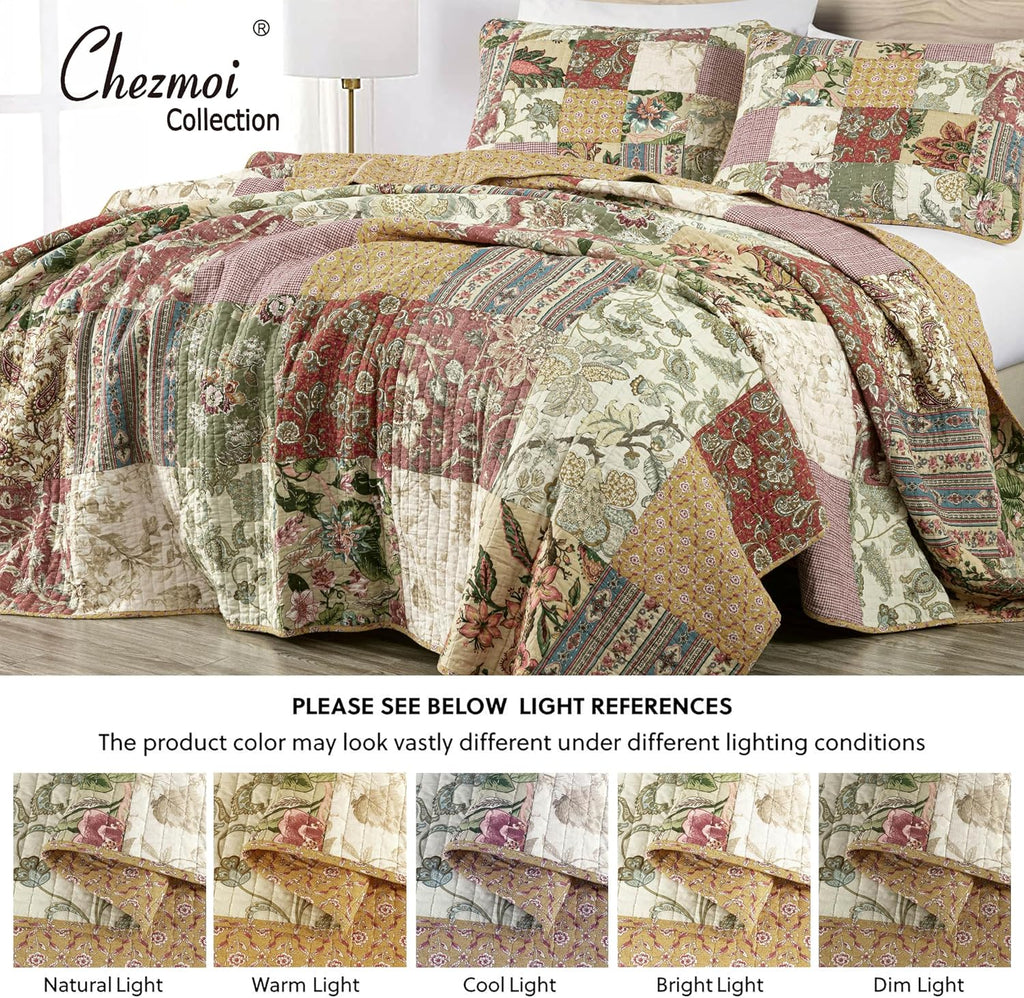 Chezmoi Collection Delaney 3-Piece Floral Patchwork Pre-Washed 100% Cotton Quilt Set, Queen