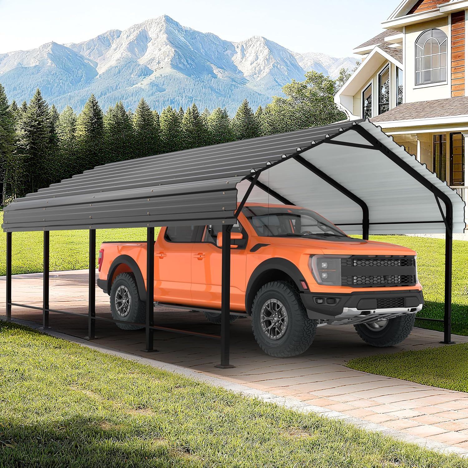 JAMFLY Carport, Heavy Duty Carport Canopy with Galvanized Steel Roof and Frame, Metal Car Garage Upgraded Extra Large Garage for Pickup, Boat, Car and Tractors, 12x20FT Grey