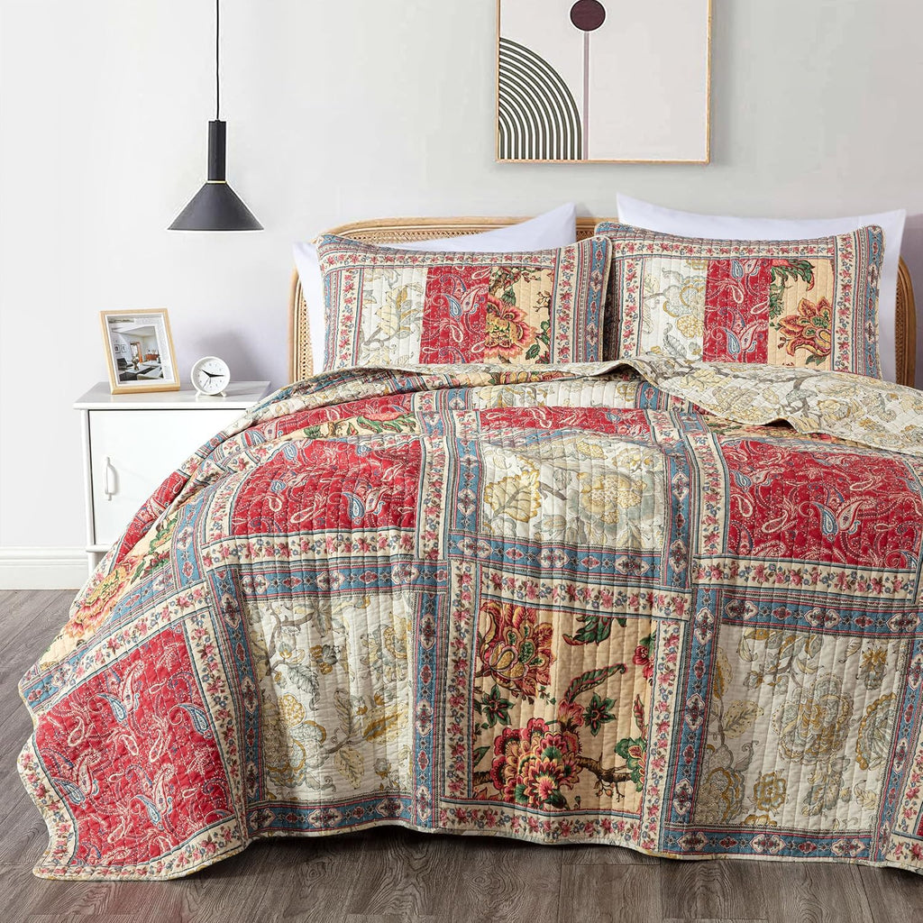 Chezmoi Collection Bambi 3-Piece Washed Patchwork Cotton Quilt Set - Soft Lightweight Breathable Reversible Floral Quilted Bedspread for All Seasons. King Size