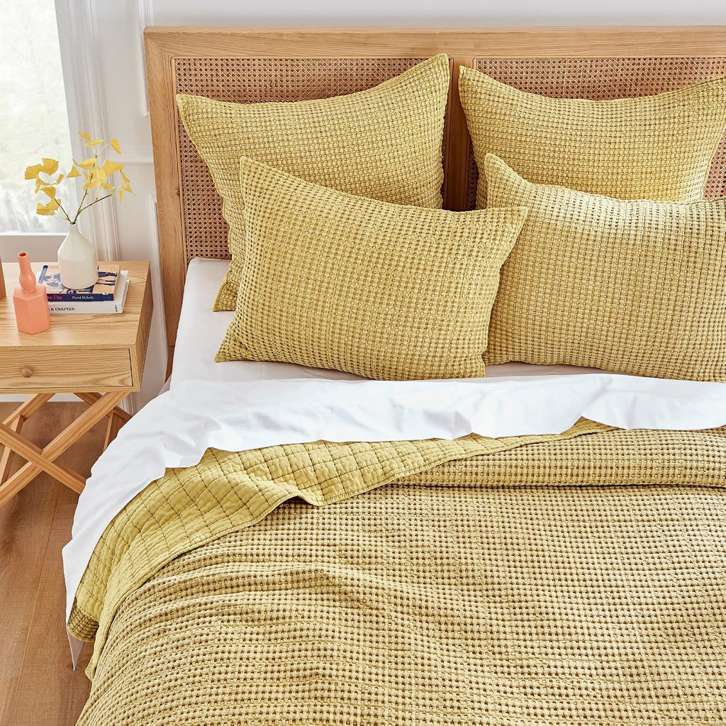 Levtex Home Mills Waffle Full/Queen Quilt Set (88x92in) with 2 Pillow Shams (26x20in) - Ochre - Cotton Waffle Full/Queen Size Quilt Bedding Set - Lightweight, Soft, Pre-Washed