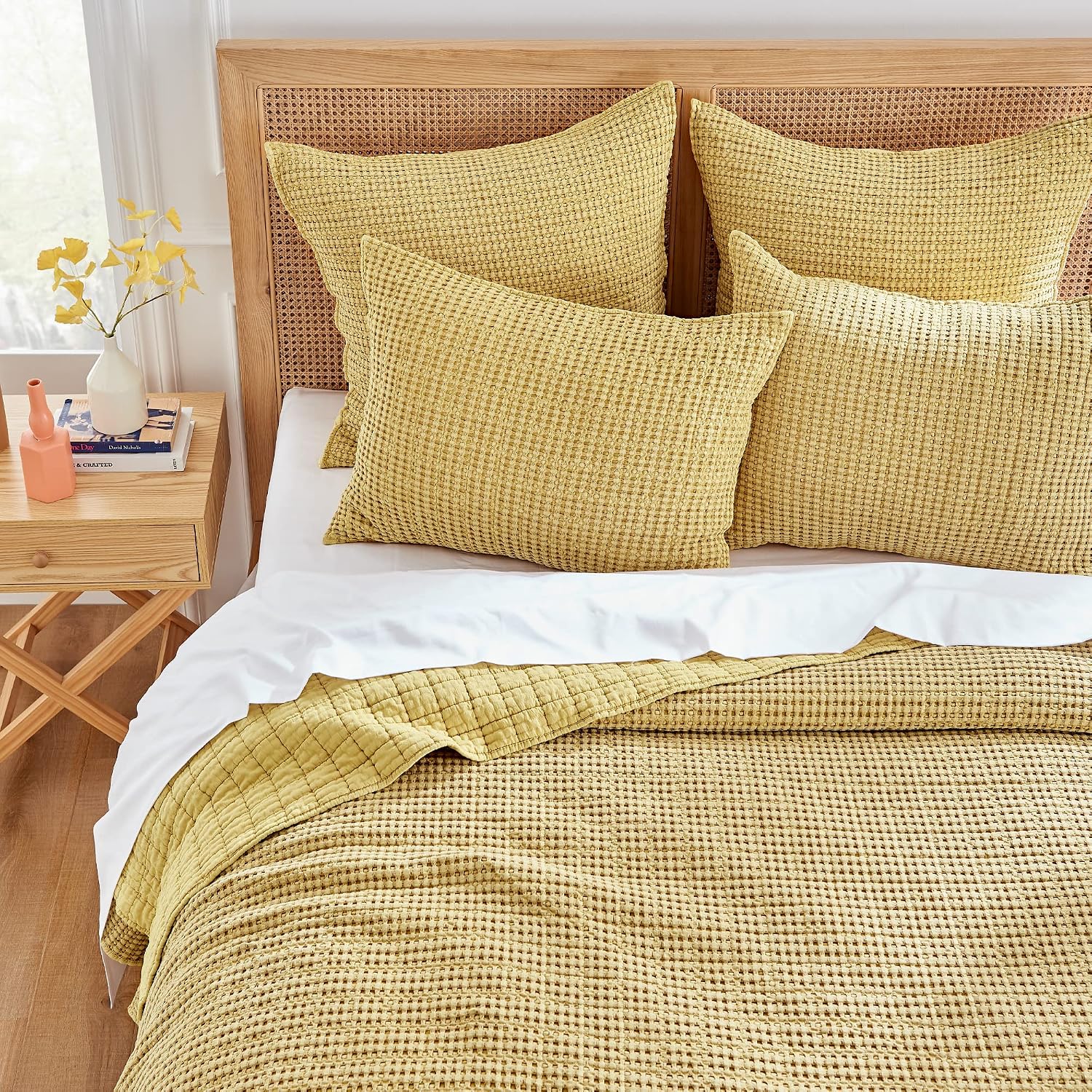 Levtex Home Mills Waffle Full/Queen Quilt Set (88x92in) with 2 Pillow Shams (26x20in) - Ochre - Cotton Waffle Full/Queen Size Quilt Bedding Set - Lightweight, Soft, Pre-Washed