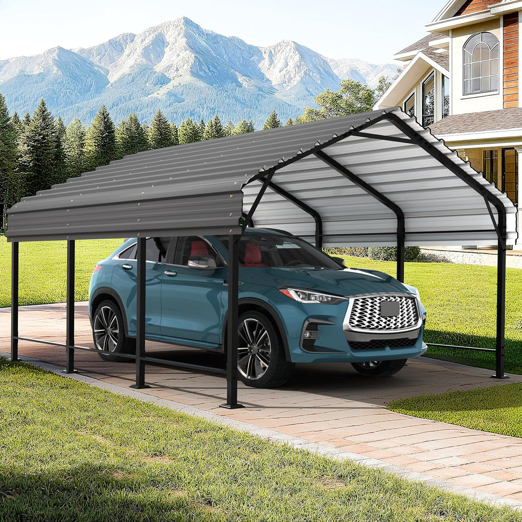 JAMFLY Carport, Heavy Duty Carport Canopy with Galvanized Steel Roof and Frame, Metal Car Garage Upgraded Extra Large Garage for Pickup, Boat, Car and Tractors, 12x15FT Grey