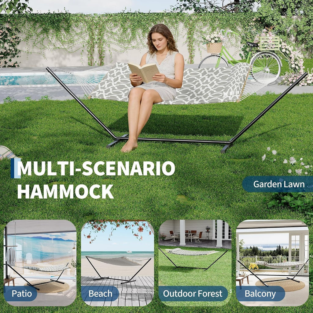 GarveeHome Double Hammock with Heavy-Duty Steel Stand, 2 Person Portable Hammock, 450LBS Max Weight Capacity, Easy Assembly, Ideal for Indoor, Backyard, Camping & Outdoor Use