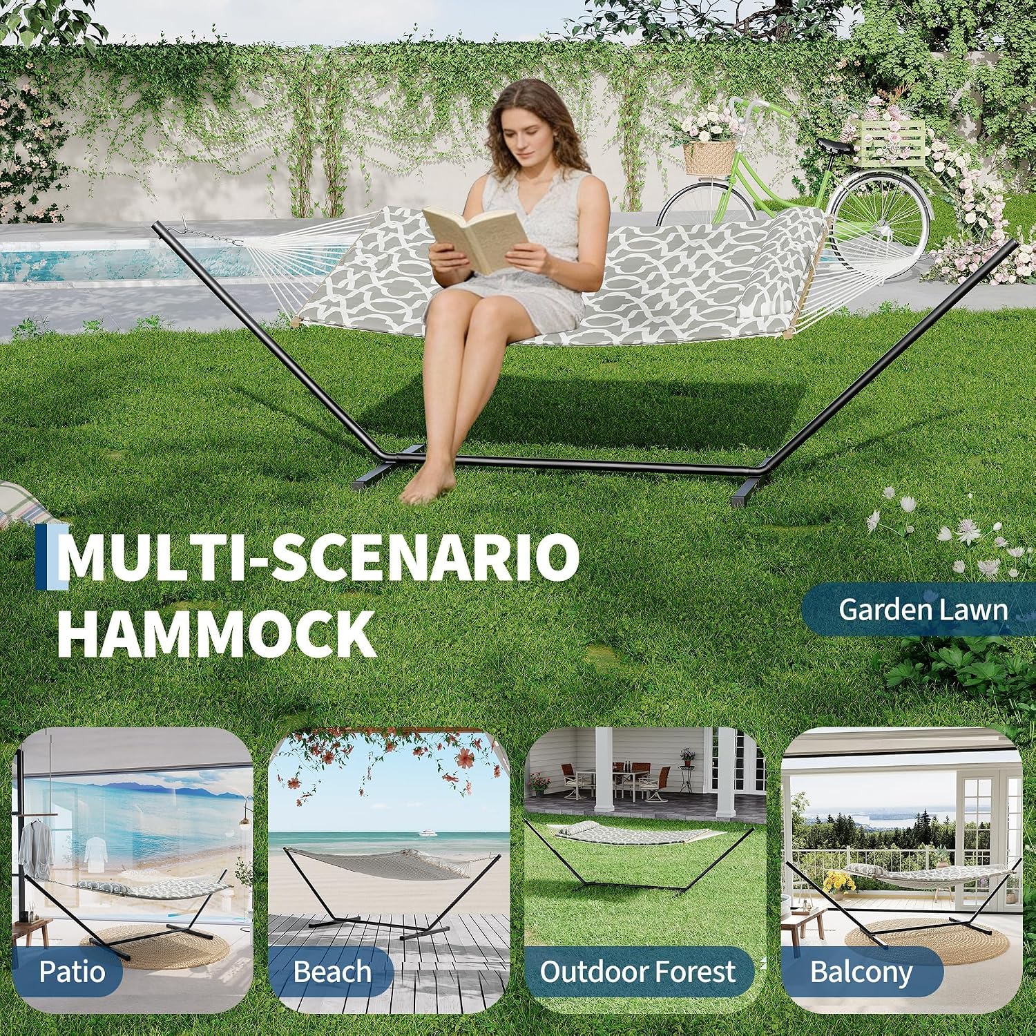 GarveeHome Double Hammock with Heavy-Duty Steel Stand, 2 Person Portable Hammock, 450LBS Max Weight Capacity, Easy Assembly, Ideal for Indoor, Backyard, Camping & Outdoor Use
